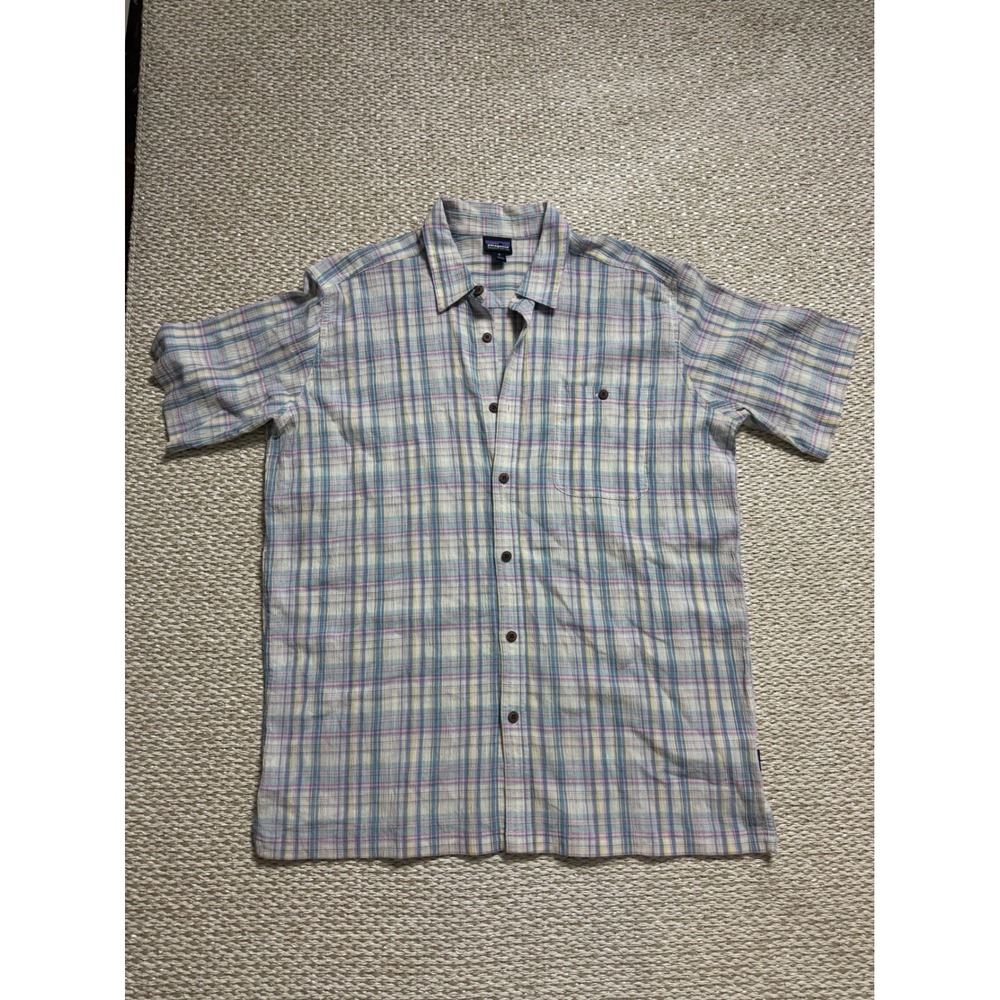Patagonia Mens XL Organic Cotton Plaid Short Sleeve Button Up Shirt gauzy beachy